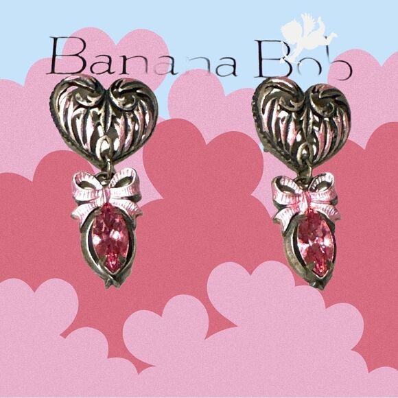 Banana Bob Victorian heart bow silver pink enamel crystal earrings 2” x 1” - Picture 1 of 5